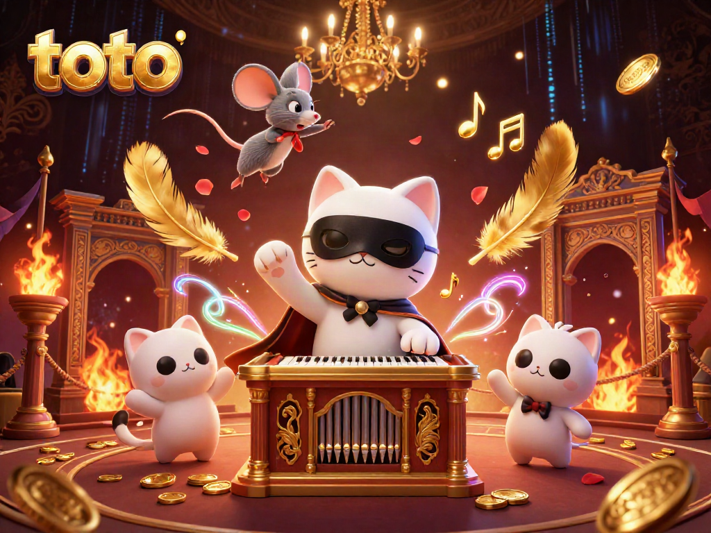 Engage in thrilling toto gameplay with a masked cat and acrobatic mouse in an ornate casino.
