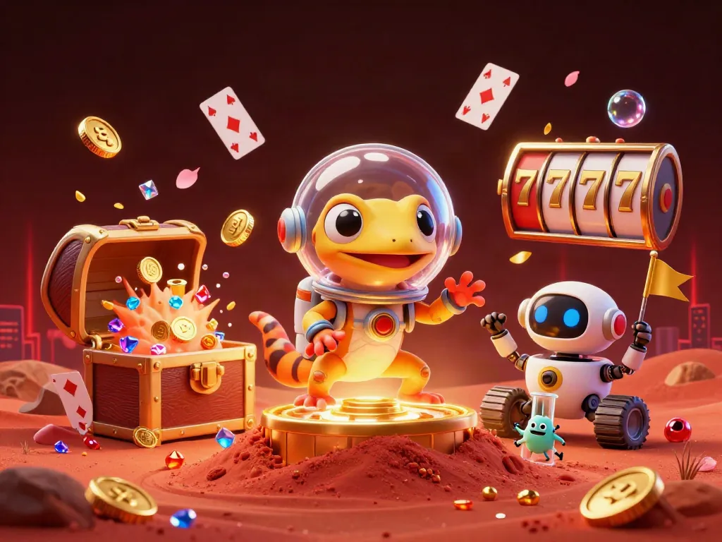 Experience the thrilling QQ1221 jackpot with a Martian gecko in a vibrant casino scene
