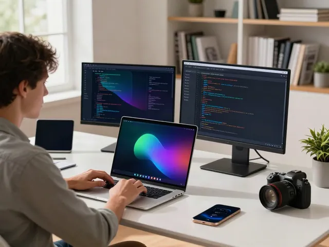 Person configuring v2rayN application in a modern tech workspace with monitors displaying network settings.