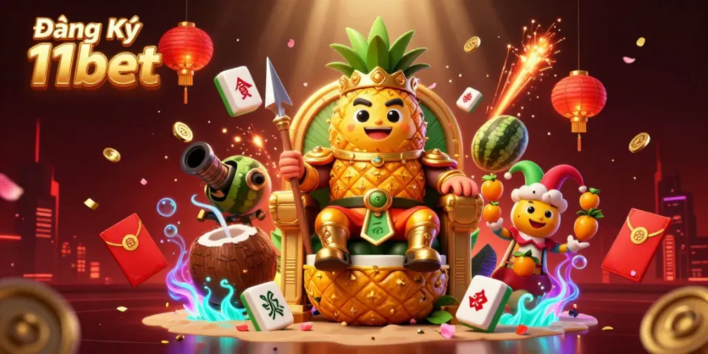 Engage with the excitement of Đăng Ký 11bet in this vibrant casino scene showcasing a golden pineapple king and lively casino elements.
