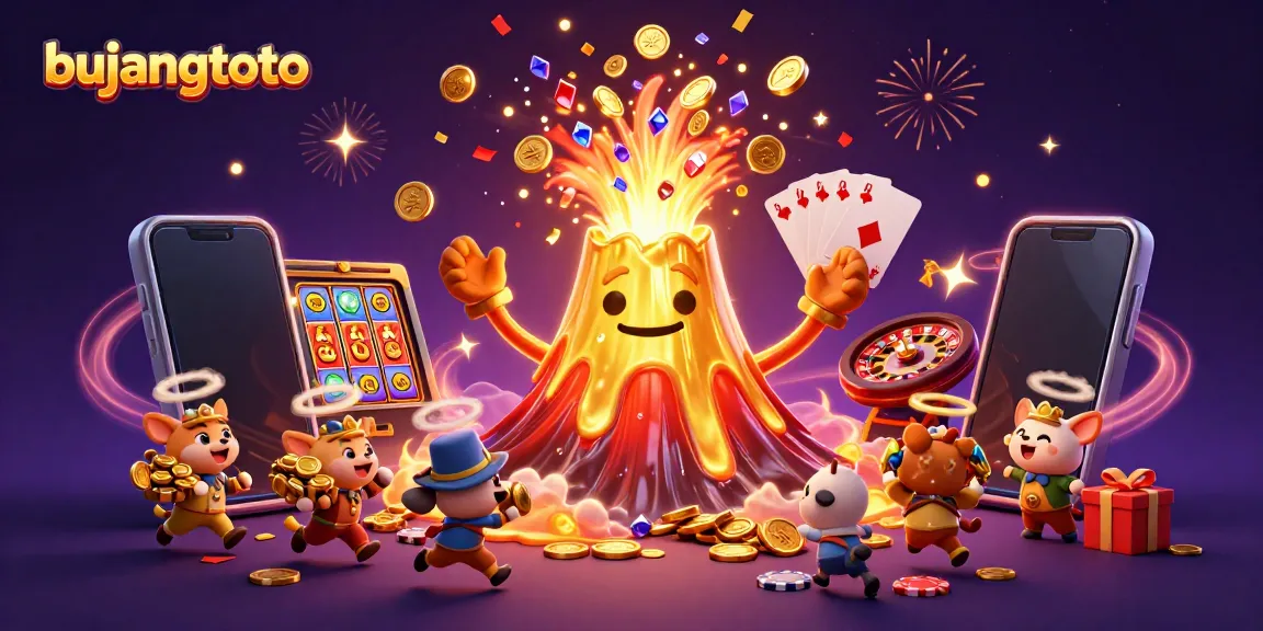 Play thrilling games at bujangtoto with a vibrant golden volcanic eruption and treasure-filled scene.