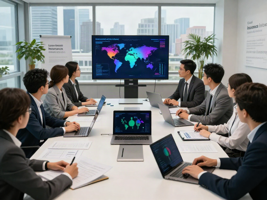 Diverse professionals in a strategic meeting discussing the largest insurance companies in the world with digital displays.