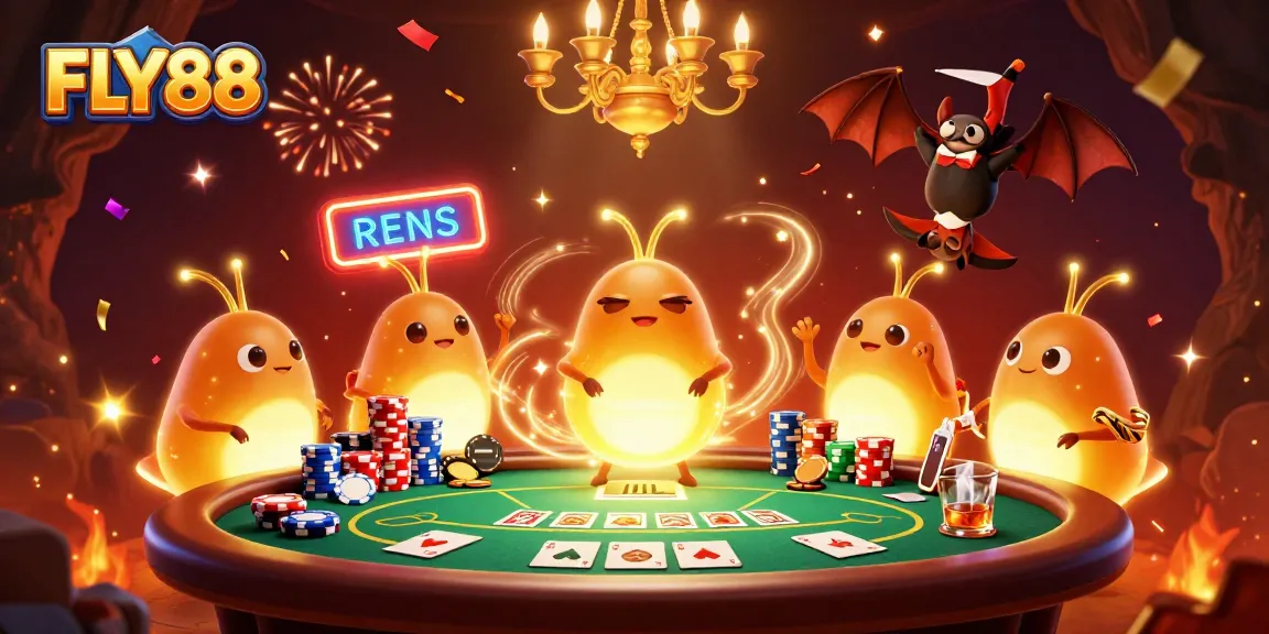 Engage in exciting games at FLY88, where glowworms illuminate a vibrant casino scene filled with poker action.