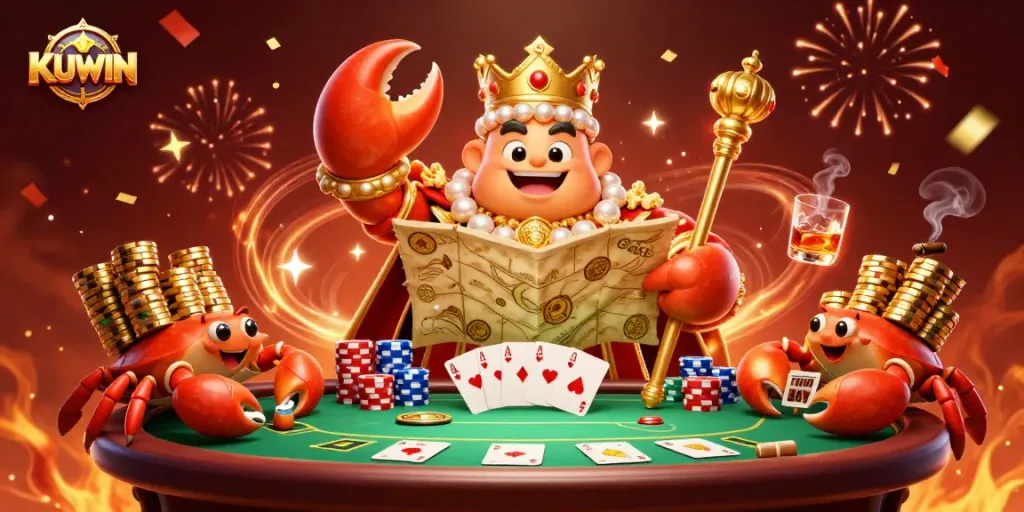 KUWIN players enjoy thrilling poker action with a golden crab emperor in a festive 3D casino scene.