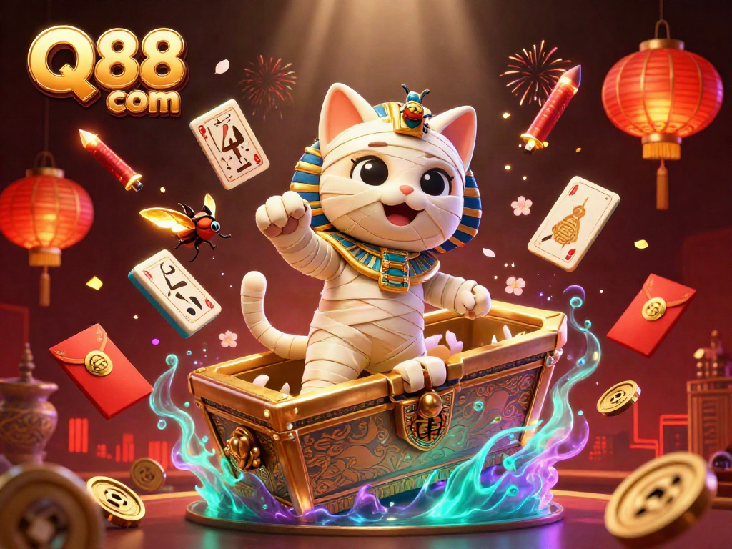 Engage in thrilling gameplay at Q88 com with vibrant casino elements in a dynamic scene featuring an Egyptian mummy cat.