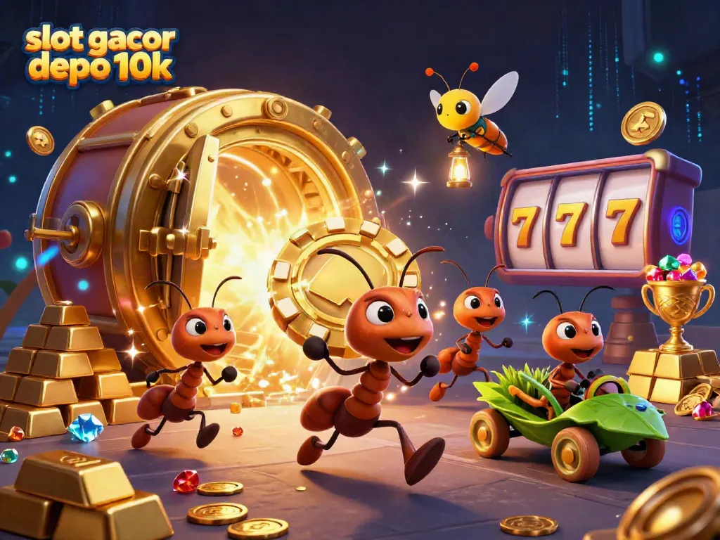 Experience thrilling excitement with slot gacor depo 10k's ants heist scene filled with rich gaming elements.