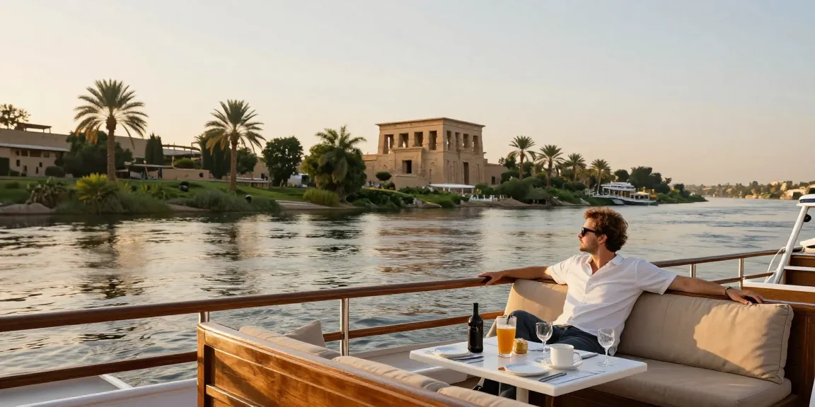 Relaxing on a Dahabiya Nile cruise, enjoying scenic views of the river.