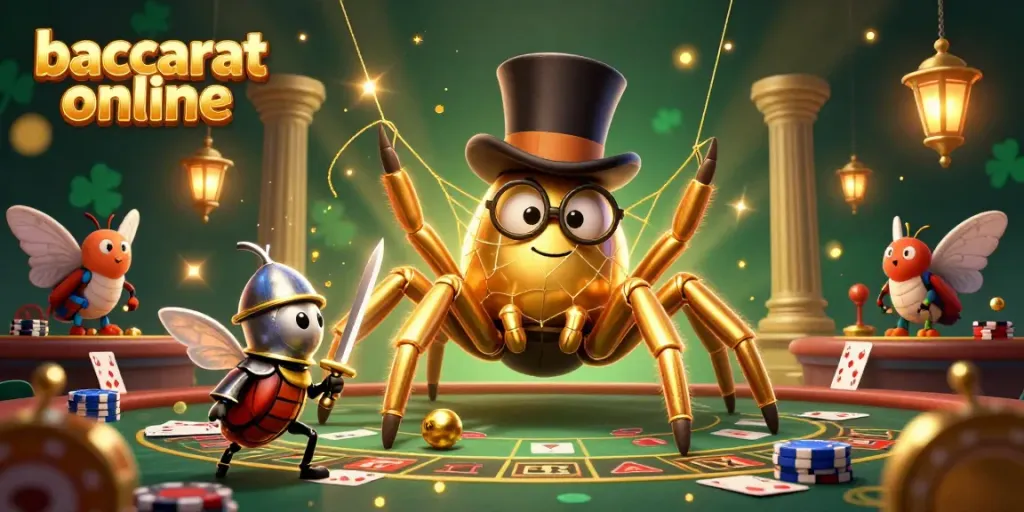 Baccarat online scene with a golden tarantula and knight amidst a vibrant casino atmosphere