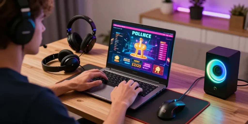Pengguna vegas168 bermain game online di laptop dengan suasana modern dan menyeronokkan.