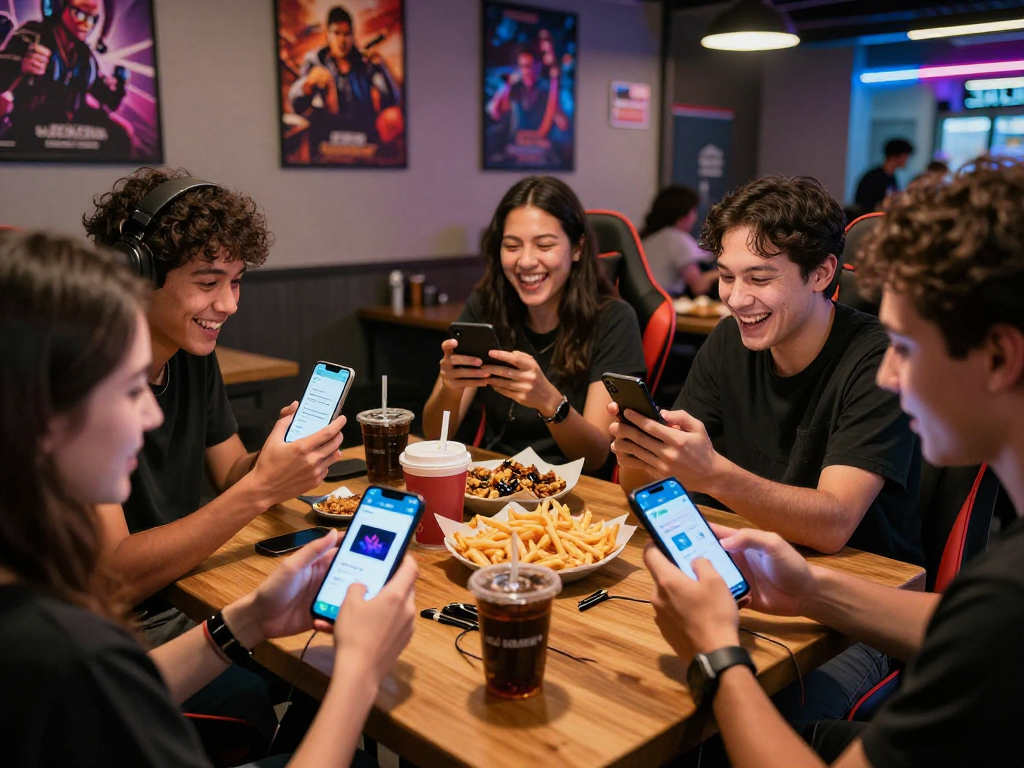 Para pengguna LIGA 335 menikmati pengalaman bermain game slot digital di kafe gaming.