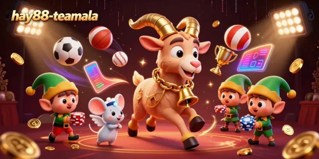 Experience the thrill of hay88-teamala with a dynamic festive casino scene featuring whimsical characters and sports elements.
