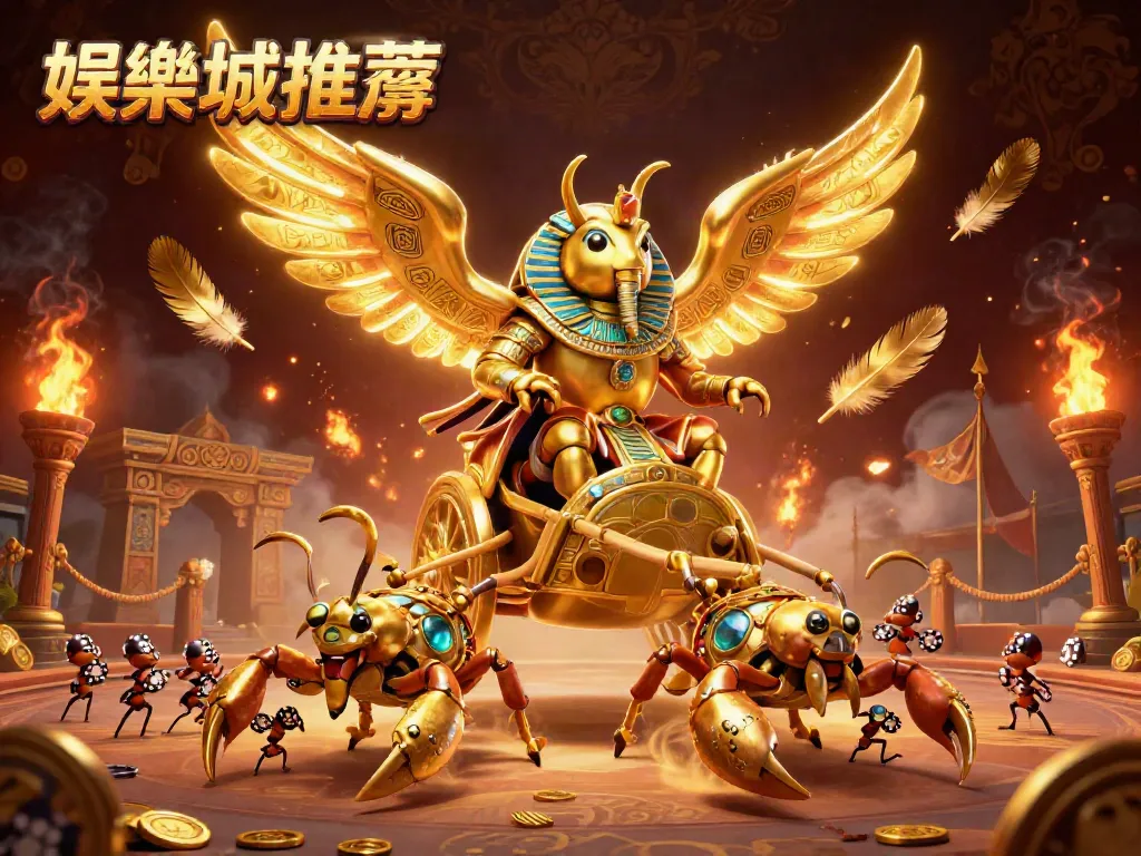 娛樂城推薦中，壯觀的金色聖甲蟲在賭場的戰鬥場地上，形象生動，展現精彩的賭博氛圍