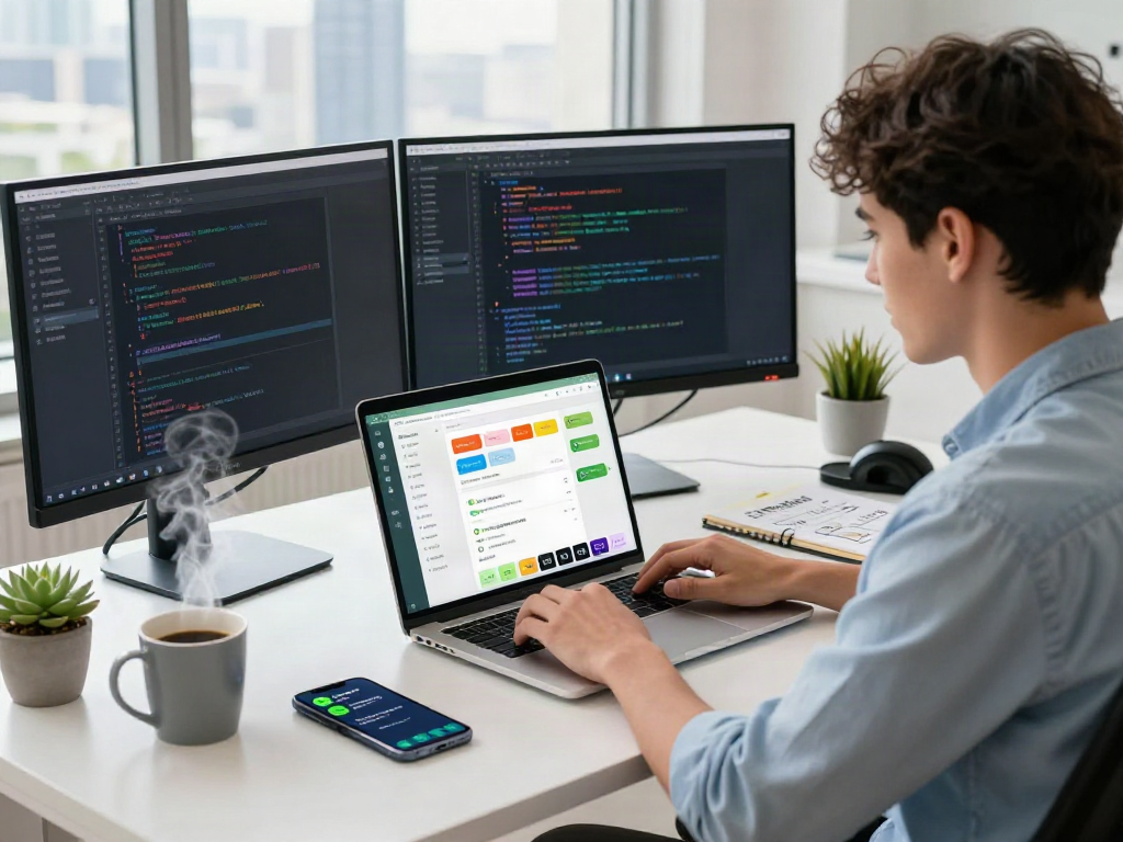 Professional workspace featuring gbwhatsapp application on laptop with colorful interface, energetic tech setting.