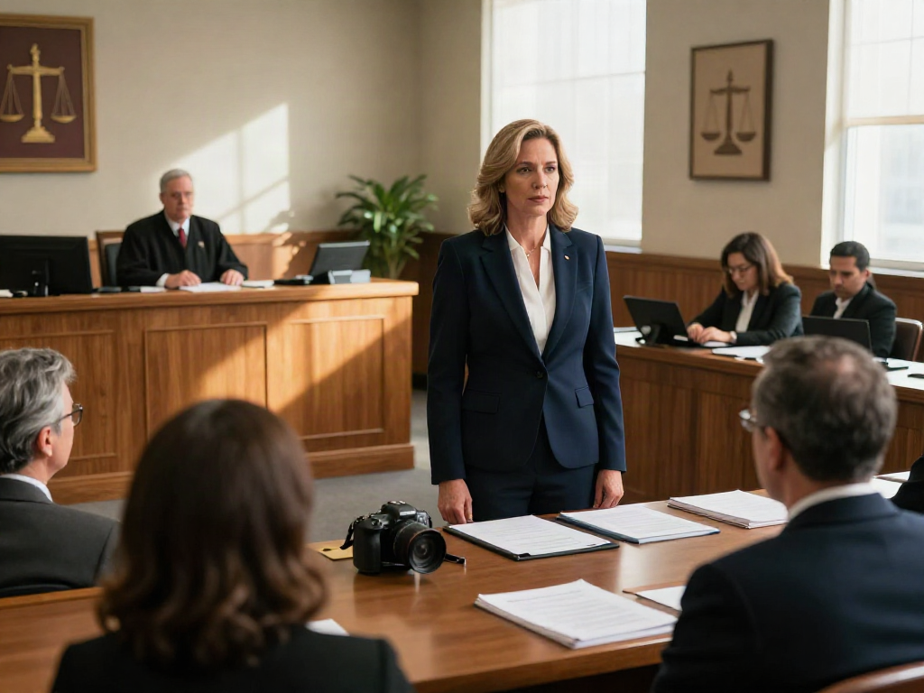 Karen McCleave attorney confidently presenting her case in a busy courtroom.