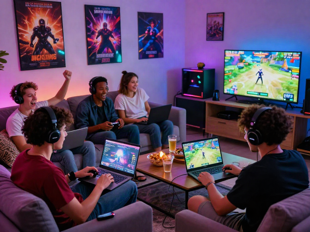 Diverse friends enjoying porngames in a cozy living room with vibrant decor and gaming equipment.