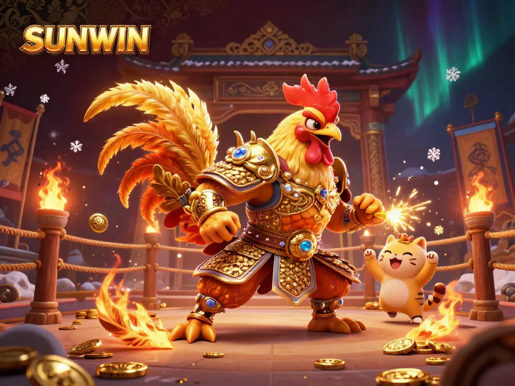 SUNWIN showcases a vibrant 3D cockfighting scene featuring a rooster warrior, dragon hatchling, and fortune cat amidst gold coins and flames.