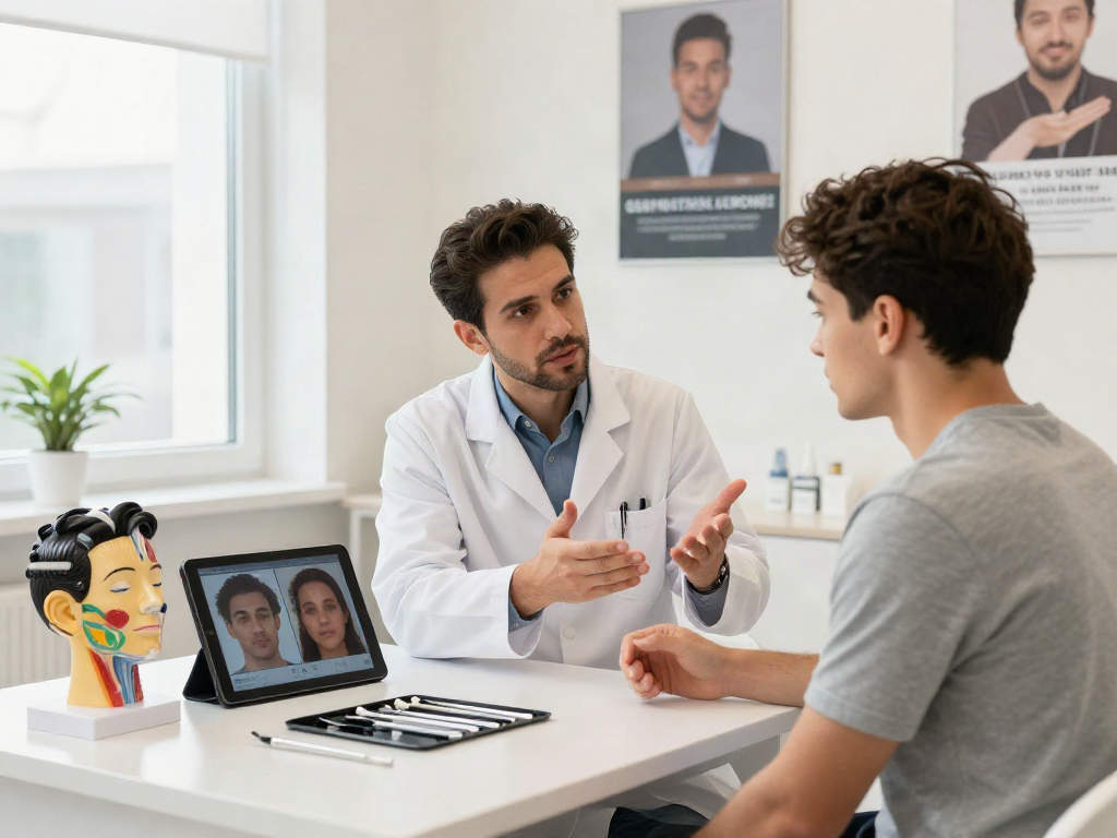 Hair transplant Istanbul consultation with doctor and patient discussing hair restoration options.