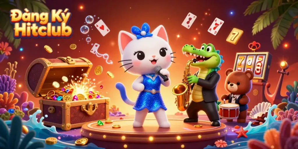 Join the excitement of Đăng Ký Hitclub with vibrant characters and casino themes in a lively illustration.