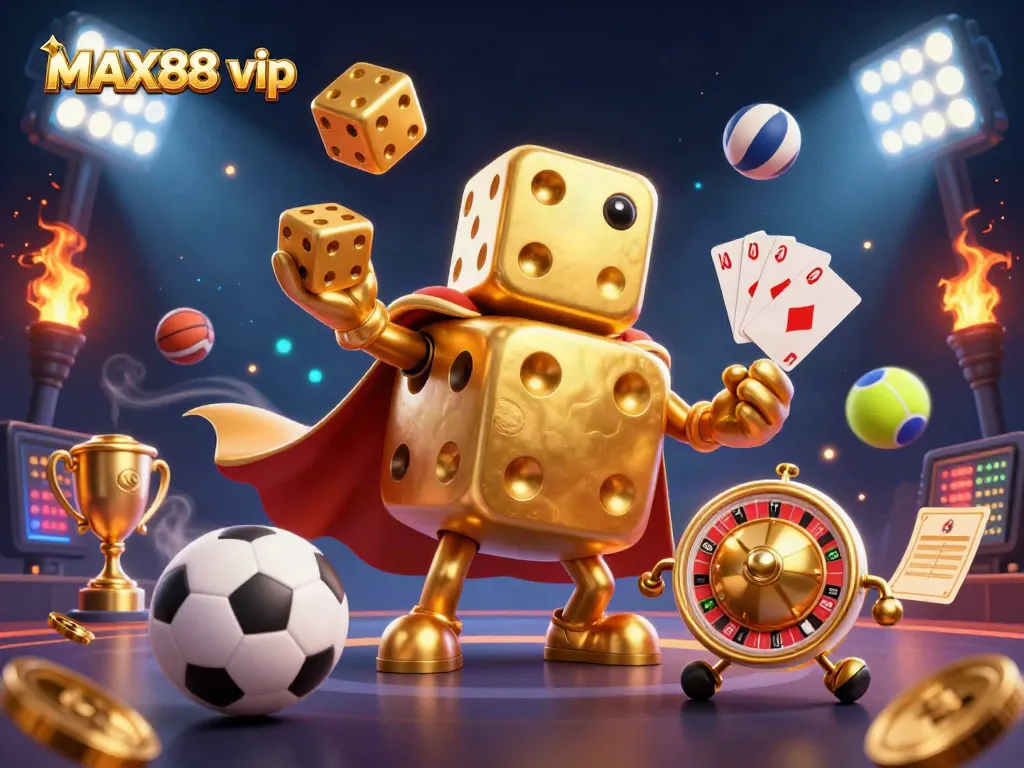 Engage with the thrilling MAX88 vip experience featuring golden dice and dynamic sports elements in a vibrant casino illustration.