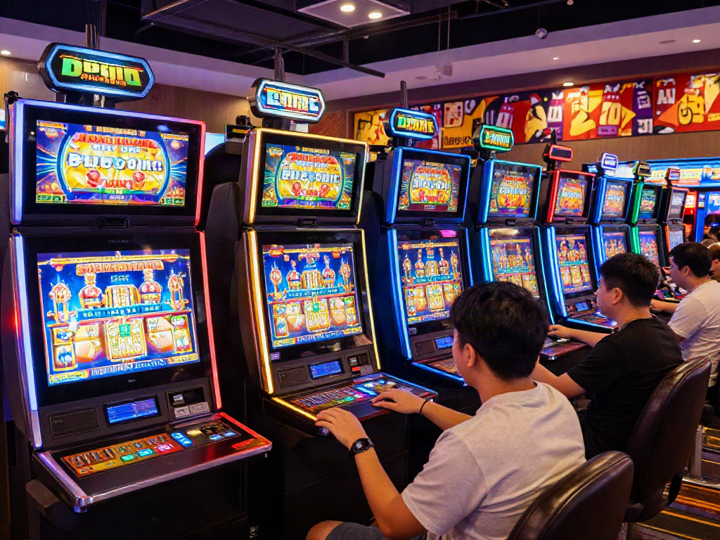 Dynamic gaming scene showcasing link slot777 amidst vibrant slot machines and enthusiastic players.